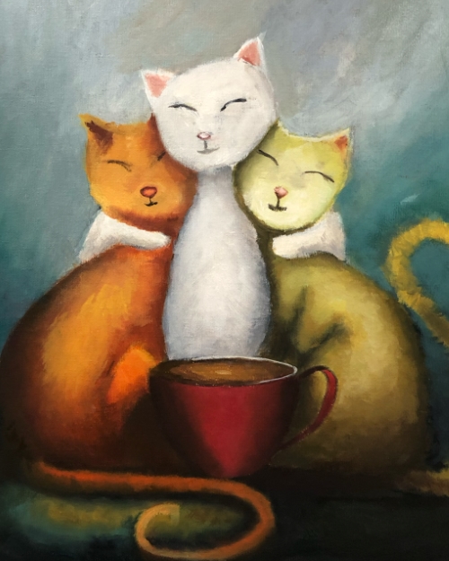 Pintura al óleo de tres gatos con taza de té