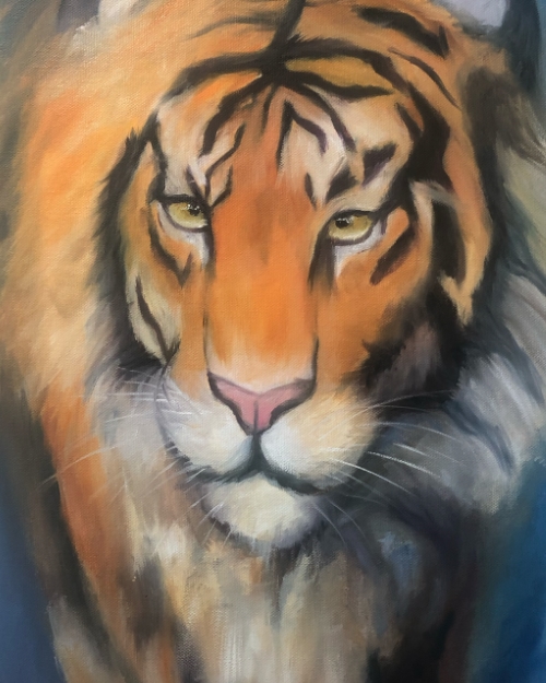Pintura al óleo de un Tigre iluminado desde arriba
