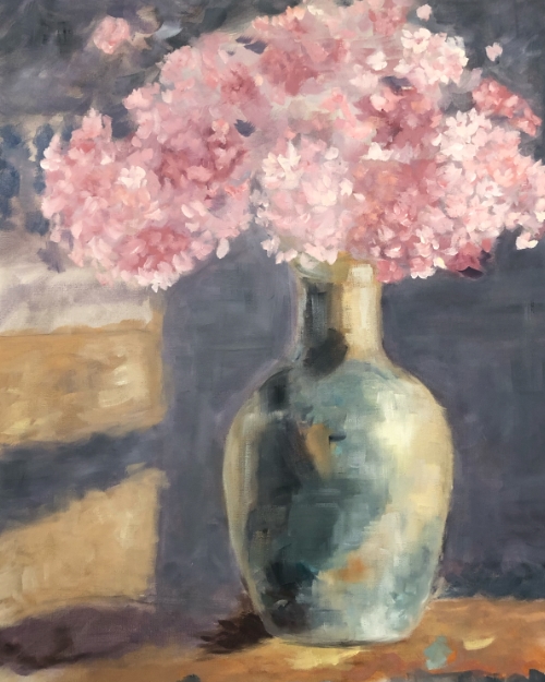 Pintura al óleo de un jarrón iluminado desde arriba