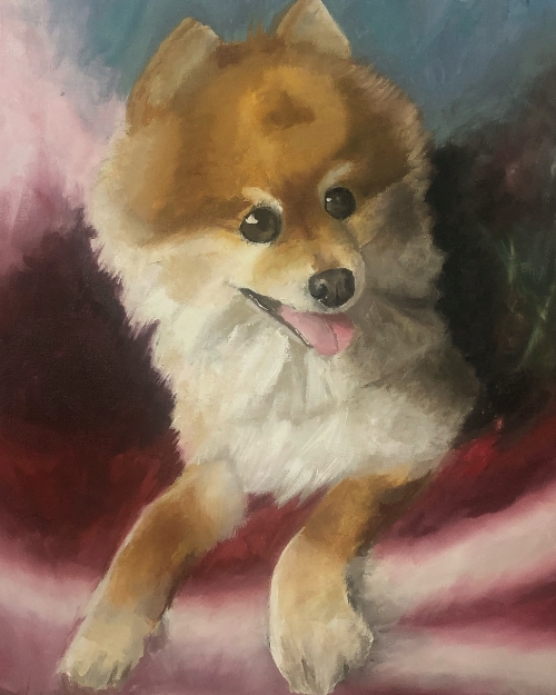 Pintura al óleo de un pomerania sentado en un sillón